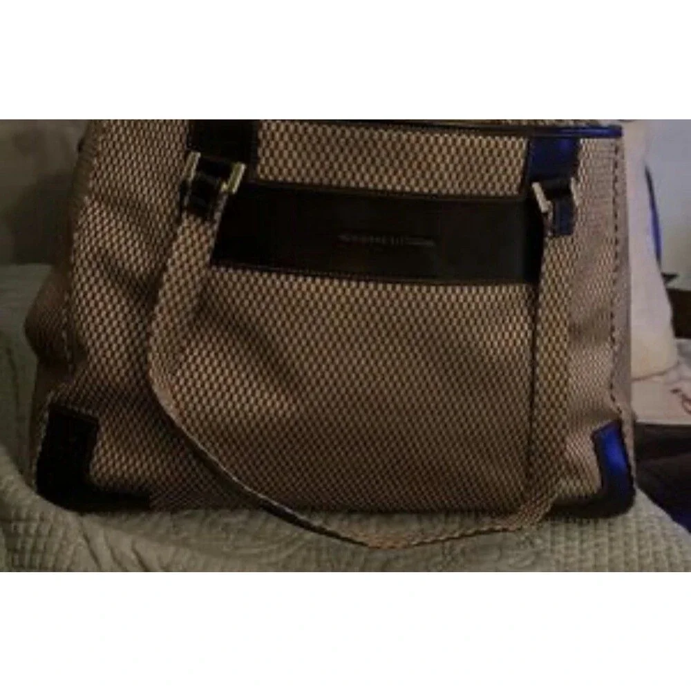 Adrienne Vittadini Work Bag Travel Tote Tan And Brown Woven Pattern Leather